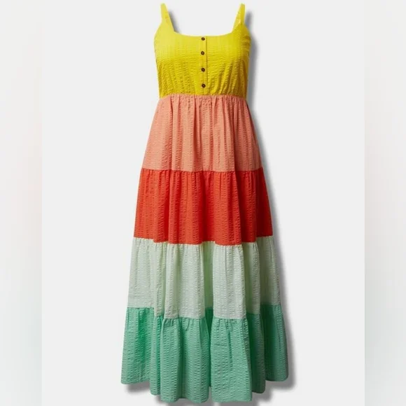 Torrid Yellow Orange Green Seersucker Colorblock Tiered Maxi Dress w poc… - Picture 4 of 5